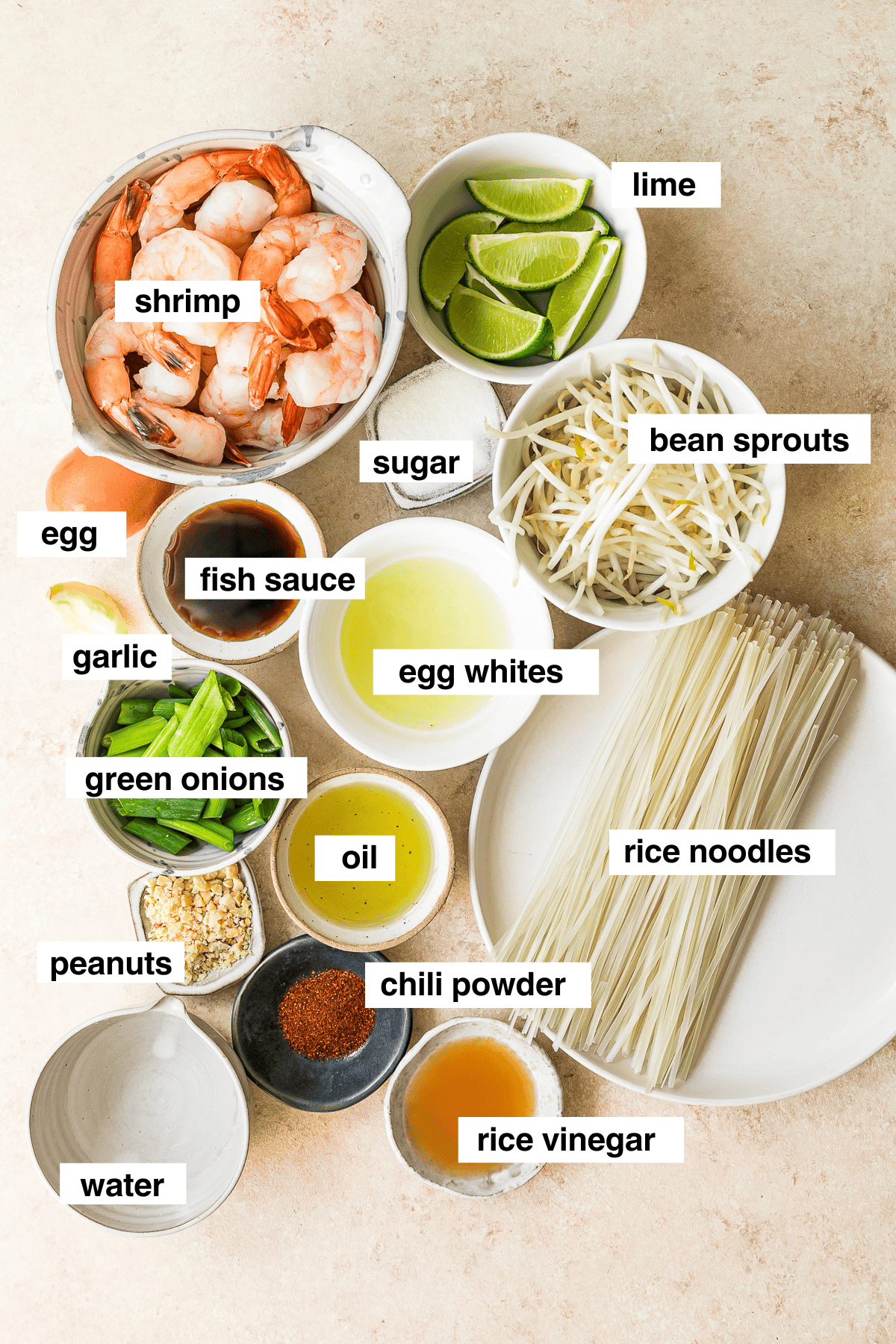 Overhead view of Pad Thai ingredients with labels