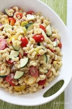Macaroni Salad with Tomatoes and Zucchini is the perfect summer pasta salad loaded with fresh summer vegetables tossed in a light creamy dressing.