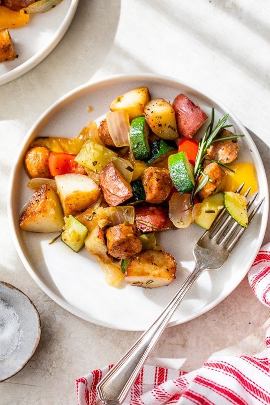 sausage, bell peppers, zucchini and potatoes