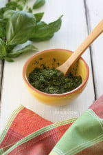 Pesto is one of the things I whip up all summer long, but pesto can have a lot of oil and fat when made traditionally which can make a dish heavier than I would want, so to make it skinny I use a bit less oil and leave the pine nuts out and no one ever complains.