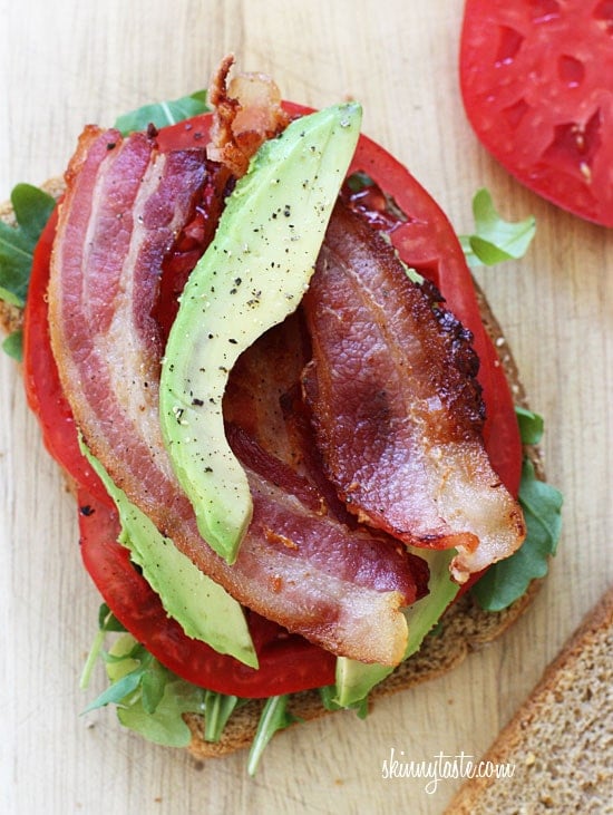 BLT with Avocado sandwich for the bacon lovers in your life! Bacon, lettuce, tomato and avocado on toasted whole grain bread, a quick healthy lunch.