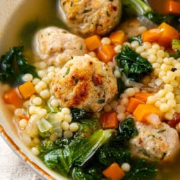 Close up of a bowl of Italian wedding soup