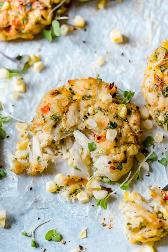 Deliciously Baked Corn and Crab Cakes made with lump crab and sweet summer corn. Bake them in the oven or air fryer!