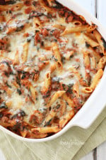 Cheesy baked pasta made with Italian chicken sausage, mozzarella, ricotta, Pecorino Romano and spinach (but don't worry, no one will care about the green stuff). Perfect to feed a hungry family!
