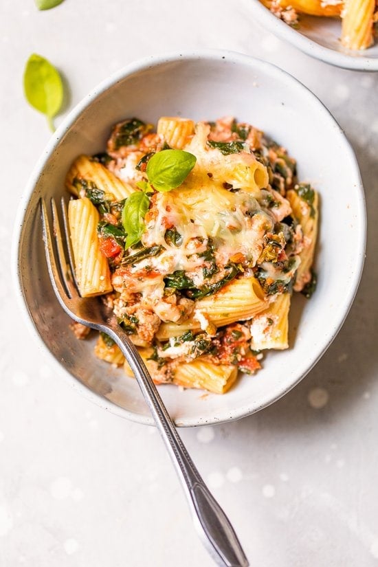 Pasta in a bowl with Sausage and Spinach