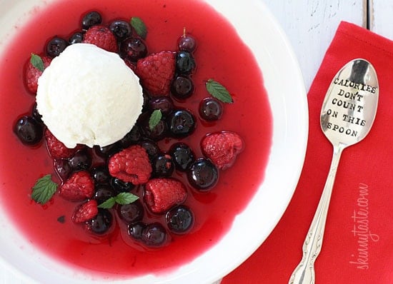 A simple, chilled sweet berry soup topped with fresh berries and mint topped with frozen yogurt. The perfect dessert if you're having company because you make it ahead and keep it chilled until ready to serve.
