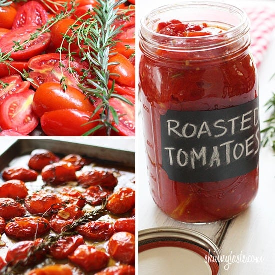 Summer plum tomatoes roasted in the oven with garlic and herbs make an easy, delicious homemade tomato sauce that will fill the room with an intoxicating aroma.