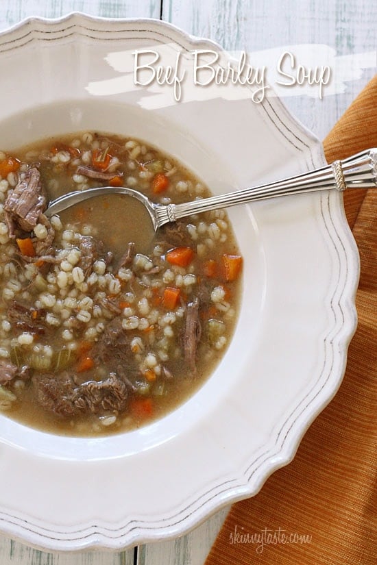 Beef Barley Soup – A comforting hearty bowl of soup made with carrots, celery, onions, lean beef and pearl barley.