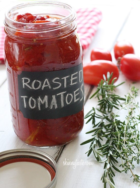 Summer plum tomatoes roasted in the oven with garlic and herbs make an easy, delicious homemade tomato sauce that will fill the room with an intoxicating aroma.