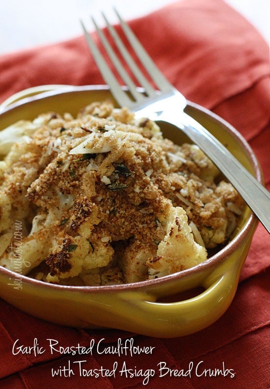 Cauliflower, tossed with a little olive oil, garlic, salt and pepper then roasted in the oven transforms this powerful cruciferous vegetable into a nutty, delicious side dish, especially when topped with toasted bread crumbs.