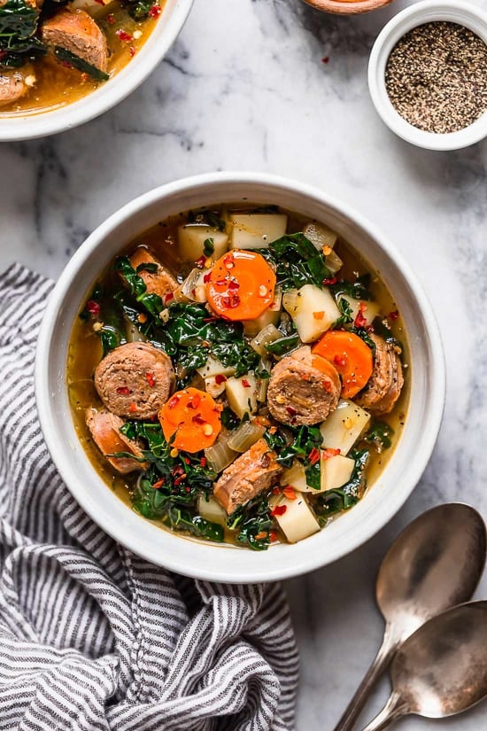 Kale and Potato Soup with Turkey Sausage is an easy, hearty soup made with kale, potatoes, carrots and turkey or chicken sausage.