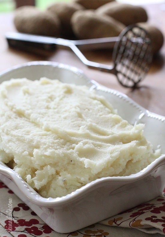 Potatoes and parsnips mashed together with a little garlic, sour cream and butter make a surprisingly tasty side dish. The parsnips add a slightly sweet and spicy taste to the potatoes that I really enjoyed.