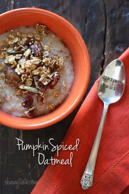 A warm, creamy bowl of pumpkin spiced oatmeal is a great way to start your morning! High in fiber and heart healthy whole grains, this breakfast will fill you up and keep you satisfied until lunch.