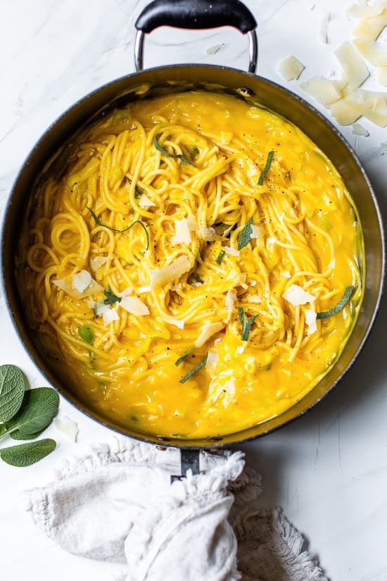 Something magical happens to pasta when you combine spaghetti with a creamy butternut sauce made with leeks, sage, garlic and Parmigiano Reggiano. You'll swear this is full of cream and butter, but it's not!