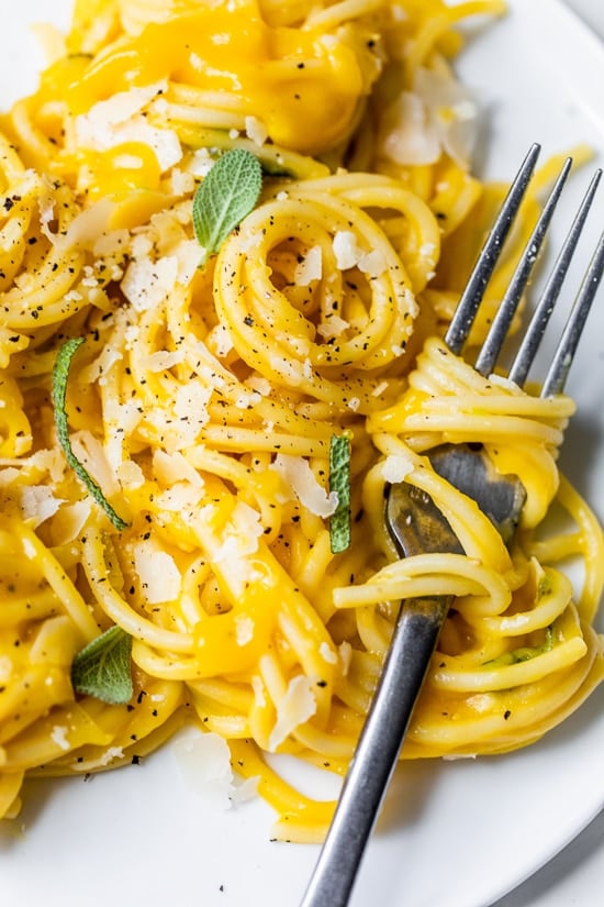 Something magical happens to pasta when you combine spaghetti with a creamy butternut sauce made with leeks, sage, garlic and Parmigiano Reggiano. You'll swear this is full of cream and butter, but it's not! 