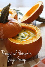 Pumpkin season is in full swing, and this pumpkin sage soup is the perfect first course for any meal. Totally optional, but I love using hollowed out pumpkins as a bowl for a beautiful presentation.