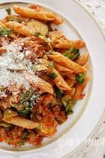 Penne pasta tossed with sauteed brussels sprouts and a quick meat ragu using lean ground turkey and just enough hot Italian pork sausage to enhance the flavor of the sauce. A hearty pasta dish for a crisp Autumn day.