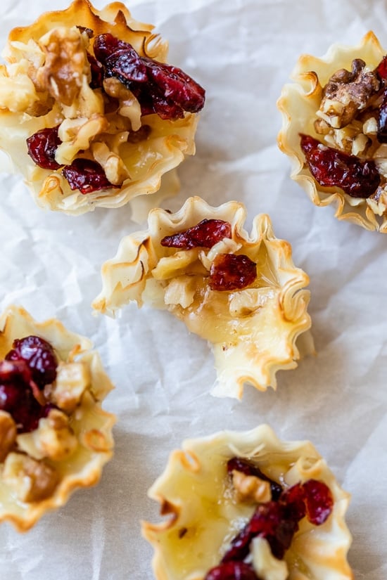 Skinny Baked Brie Phyllo Cups with Craisins and Walnuts