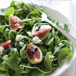 Fresh sweet figs with soft goat cheese over baby arugula topped with a balsamic glaze. A beautiful salad without the fuss, using only 5 ingredients; this salad will make you look like a rock star in the kitchen!