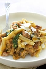 Pasta in a decadent creamy, homemade, butternut squash pasta sauce, with no cream! The spicy chicken sausage and sage is the perfect compliment, this pasta dish is filling and comforting on a chilly night.