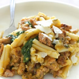 Pasta in a decadent creamy, homemade, butternut squash pasta sauce, with no cream! The spicy chicken sausage and sage is the perfect compliment, this pasta dish is filling and comforting on a chilly night.