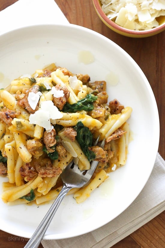 Pasta in a a decadent creamy sauce made from butternut squash, no need for cream! The spicy chicken sausage and sage is the perfect compliment, this pasta dish is filling and comforting on a chilly night.