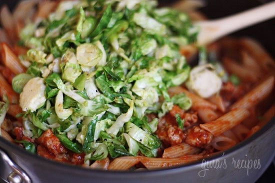 Penne pasta tossed with sauteed brussels sprouts and a quick meat ragu using lean ground turkey and just enough hot Italian pork sausage to enhance the flavor of the sauce. A hearty pasta dish for a crisp Autumn day.