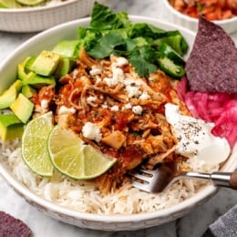 A crockpot salsa chicken bowl served over a bed of rice, garnished with avocado, pickled onions, jalapeño, and more toppings.