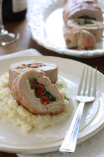 Pork tenderloin stuffed with prosciutto, mozzarella, baby spinach and sun dried tomatoes; a wonderful dish for the Holidays. Serve this with potato parsnip mash, skinny garlic mashed potatoes, or creamy cauliflower puree and some roasted vegetables on the side.