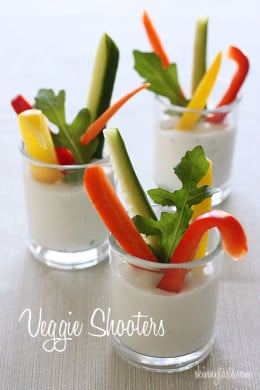 These veggie shooters with fresh cut vegetables served in individual shot glasses and your favorite dressing makes for an easy, healthy, elegant appetizer. No double dipping!