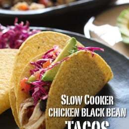 This easy taco recipe requires no pre-cooking, just throw it all in the crock pot and you'll have a delicious weeknight meal. Black beans and chicken breast, simmered in the slow cooker make the perfect filling for tacos, burritos, enchiladas, or even a burrito bowl and it's loaded with fiber.