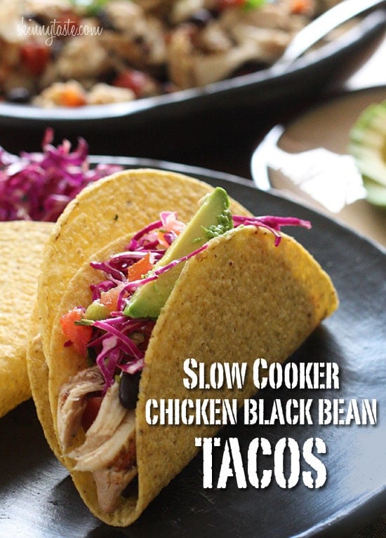 This easy taco recipe requires no pre-cooking, just throw it all in the crock pot and you'll have a delicious weeknight meal. Black beans and chicken breast, simmered in the slow cooker make the perfect filling for tacos, burritos, enchiladas, or even a burrito bowl and it's loaded with fiber.