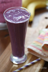 This yummy protein enriched blueberry banana PB smoothie is filled with with frozen blueberries, a banana, and a little Greek yogurt and PB2 for protein.