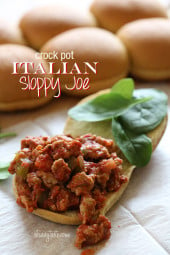 Turkey sausage, peppers and onions slow cooked in the crock pot with crushed tomatoes and spices for an easy weeknight meal. Serve this on a roll with baby spinach and melted cheese if desired for a sloppy yet delicious sandwich.