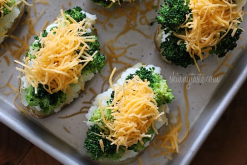 Twice Baked Potatoes with Broccoli and Cheese on a sheet pan
