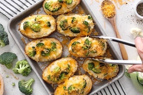 Twice Baked Potatoes with Broccoli and Cheese on a sheet pan