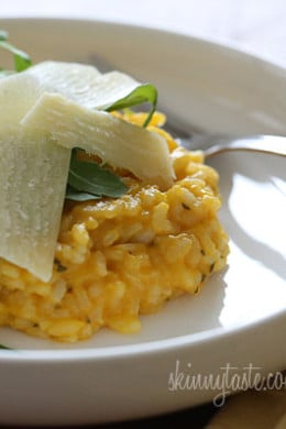 A rich and creamy Italian rice risotto dish made with butternut squash puree, white wine, Parmigiano-Reggiano and topped with a little fresh arugula.