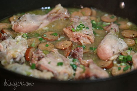 A chicken and sausage stew made with skinless chicken legs and spicy andouille sausage simmered with flavors from the deep south – without the extra fat.
