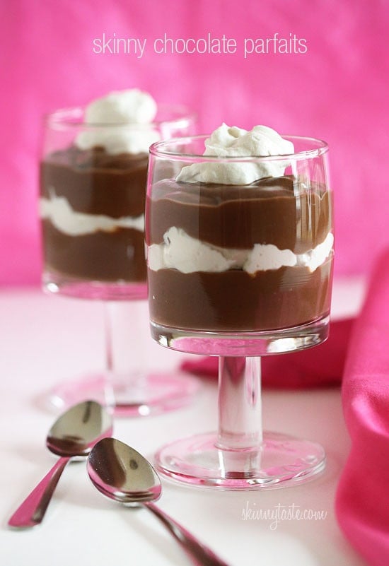 Skinny chocolate parfaits are a rich, creamy chocolate treat made from semi-sweet chocolate, fat-free milk, vanilla and cornstarch. Layered with a little whipped cream, it's a perfect ending to a special dinner.