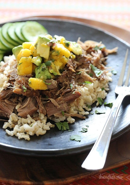 Slow Cooker Jerk Pork with Caribbean Salsa is a delicious pork roast, marinated overnight with fresh citrus juice, garlic, and jerk seasoning. Topped with a bright Caribbean salsa of fresh mangoes, avocado and cilantro.