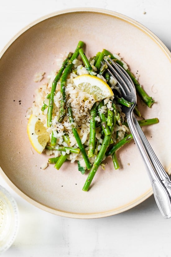 Served with creamy asparagus risotto, fresh herbs, Parmigiano Reggiano and lemon. A perfect spring meatless entree or a great dish topped with grilled shrimp or scallops.