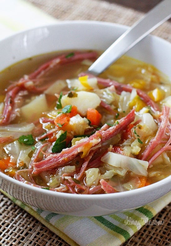  Corned Beef and Cabbage Soup made with cabbage, potatoes, bell peppers and aromatics simmered on the stove with corned beef create this wonderful one pot meal – a fun twist on a Classic Irish dish!