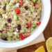 Mediterranean Quinoa Salad is protein packed with fresh and tasty Mediterranean flavors. Made with cucumbers, tomatoes, kalamata olives, red onion, extra virgin olive oil, fresh lemon and Feta cheese.