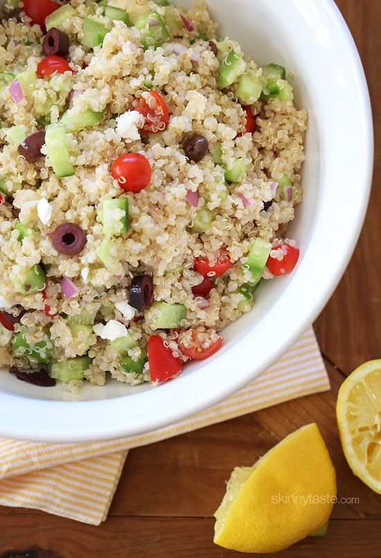 Mediterranean Quinoa Salad is protein packed with fresh and tasty Mediterranean flavors. Made with cucumbers, tomatoes, kalamata olives, red onion, extra virgin olive oil, fresh lemon and Feta cheese.