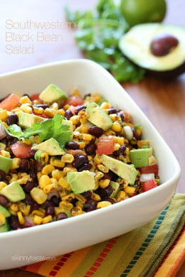 I love this Southwestern black bean salad when the weather warms, it makes enough to feed a crowd. Also makes a great side dish or appetizer if served with chips or as a topping for taco salads. You can even serve with grilled meat and fresh tortillas.