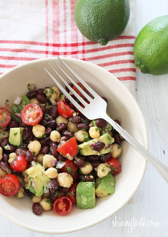 Black beans, chick peas, tomatoes, cilantro and avocado are tossed with a cumin-lime vinaigrette – I love the bright, fresh flavors of this quick and easy salad! Perfect for lunch, Meatless Mondays, or even as a side dish with grilled steak, shrimp or chicken.