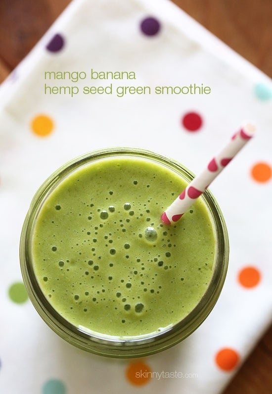 Start the morning RIGHT with this super delicious, creamy green smoothie made with frozen banana, baby spinach, fresh mango, hemp seeds and almond milk.