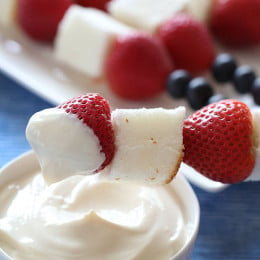 If you need a quick dessert that doesn't require much work, it doesn't get easier than this! These fresh strawberry, blueberry and angel food cake skewers are perfect for Memorial Day.