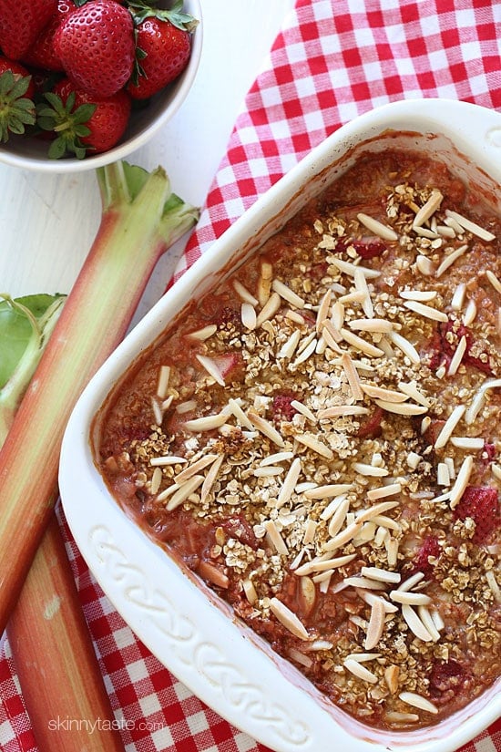This healthy baked oatmeal with strawberries, rhubarb and slivered almonds is so good you'll almost think you are having dessert for breakfast!