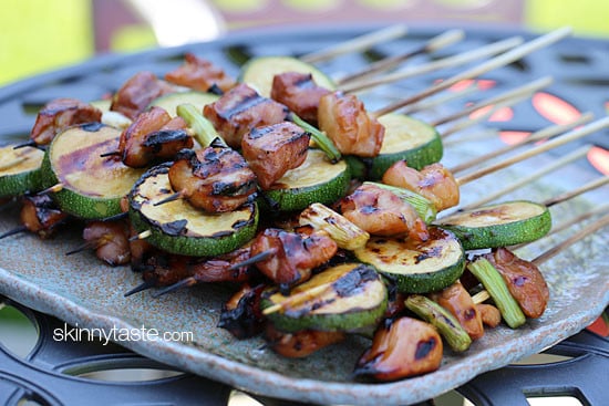 Grilled Chicken and Zucchini Yakitori – Japanese inspired grilled chicken and zucchini skewers marinated with yakitori sauce and threaded onto bamboo sticks with green onions. 